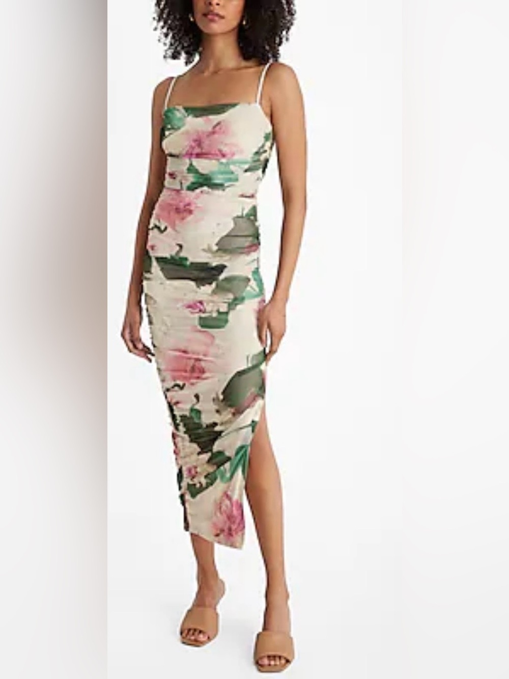 Express Ruched Mesh Floral Midi Slip Dress in Cream, Pink & Green